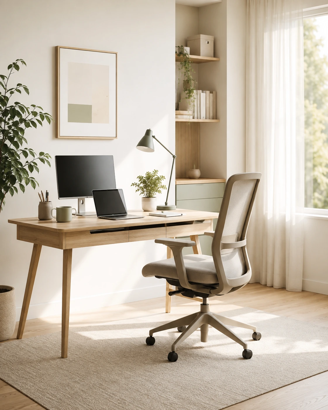 Rustig ingerichte Scandinavische thuiswerkplek met bureau, stoel en monitor